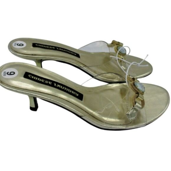 NWT Chinese Laundry Gold Rhinstone Clear Kitten Heels - Picture 10 of 10